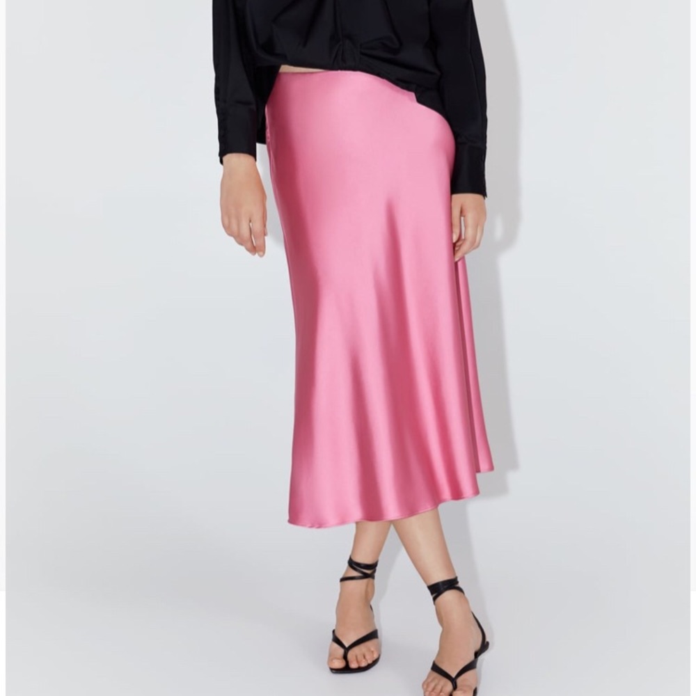 Zara Pink Satin Silk Midi Skirt